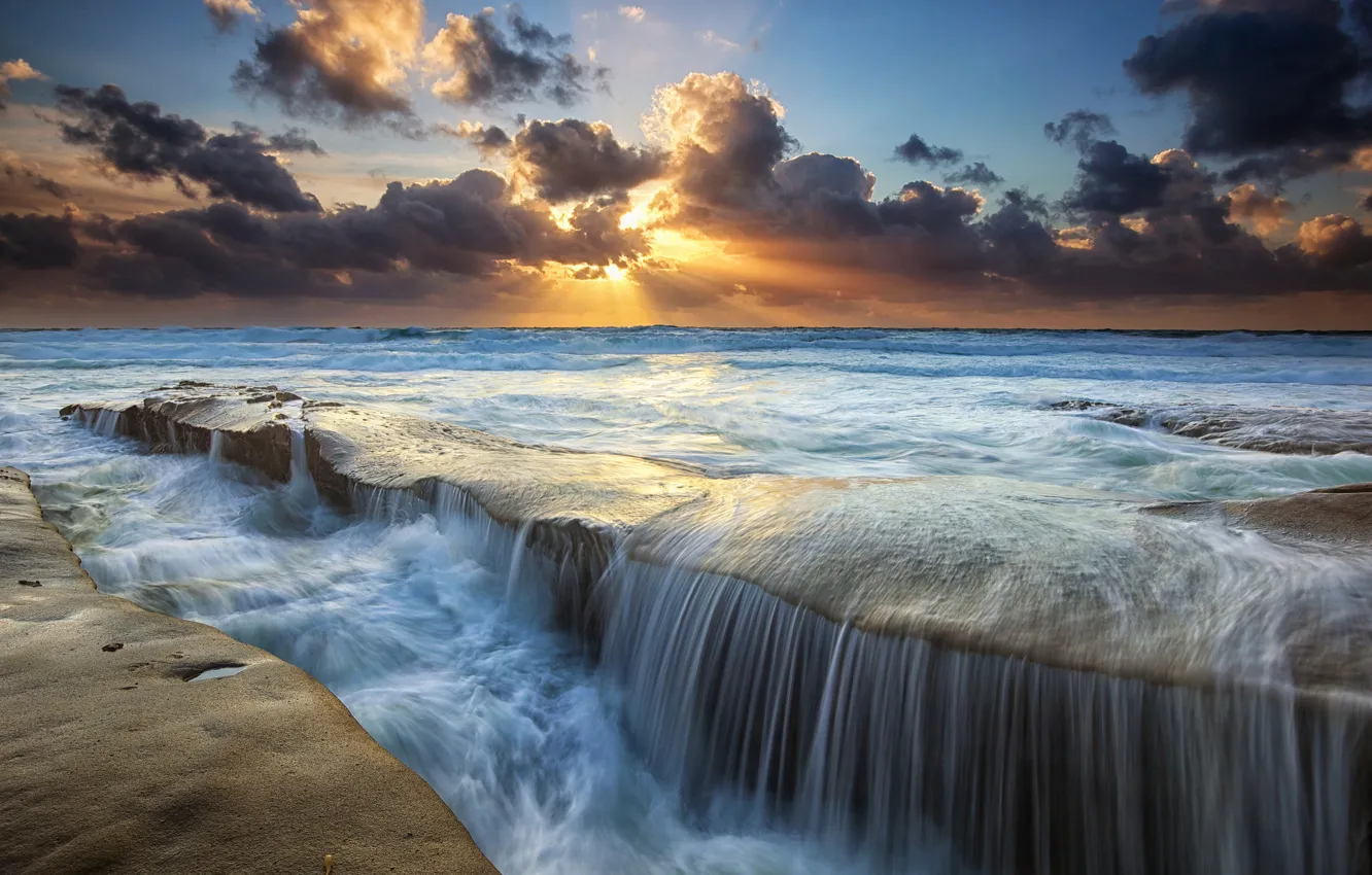 Photo wallpaper sea, the sky, the sun, clouds, rays, stones, stream