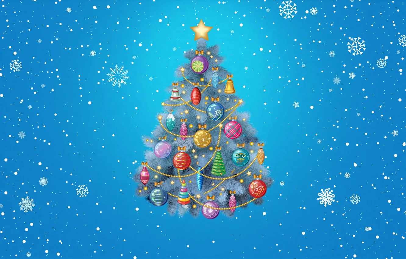 Photo wallpaper Minimalism, Snow, Christmas, Snowflakes, Background, New year, Tree, Decoration