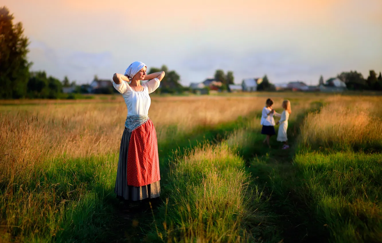 Photo wallpaper field, grass, girl, the sun, children, childhood