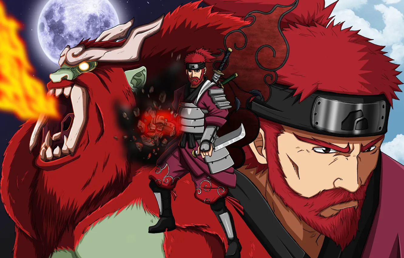 Photo wallpaper red, moon, sword, armor, red hair, anime, ken, redhead