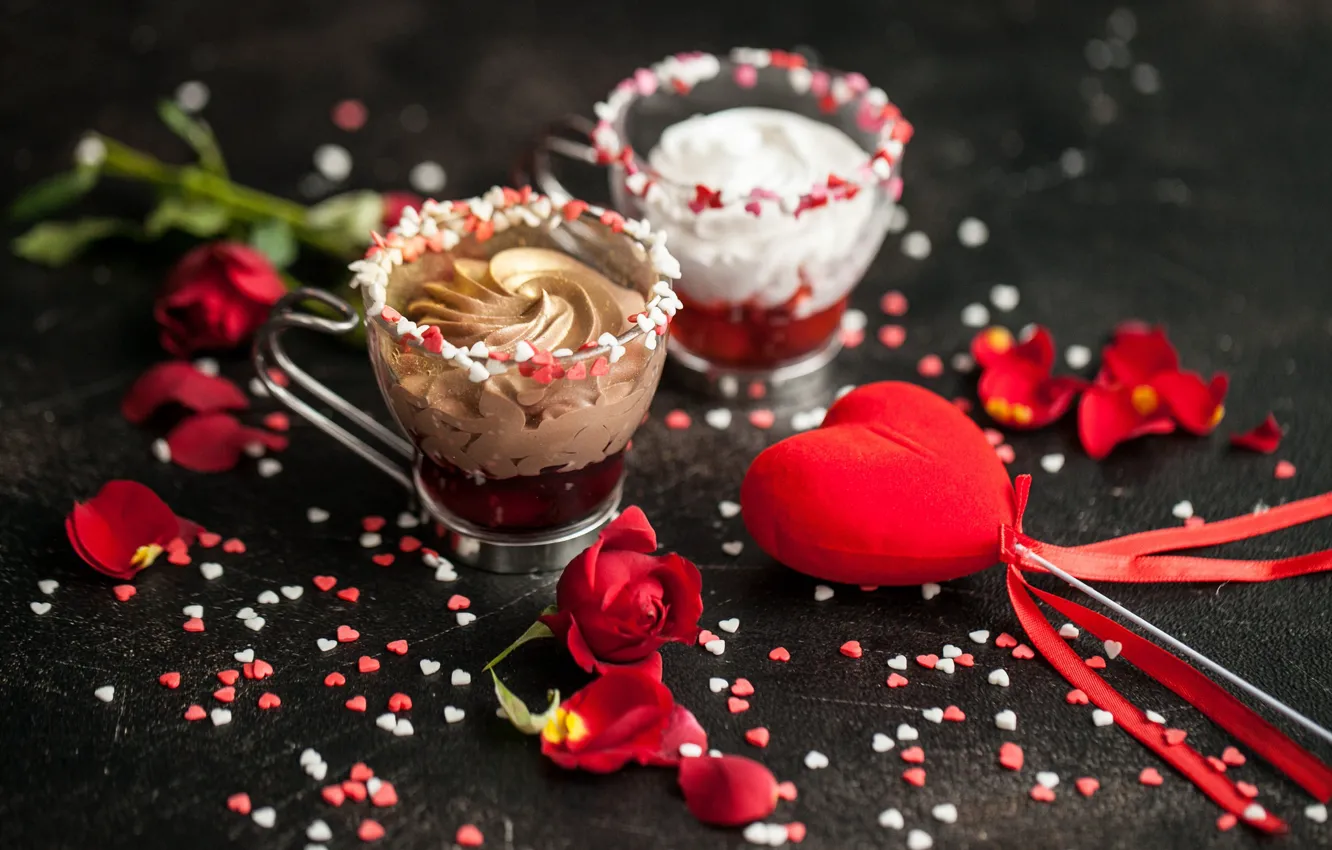 Photo wallpaper Hearts, Roses, Dessert, The sweetness