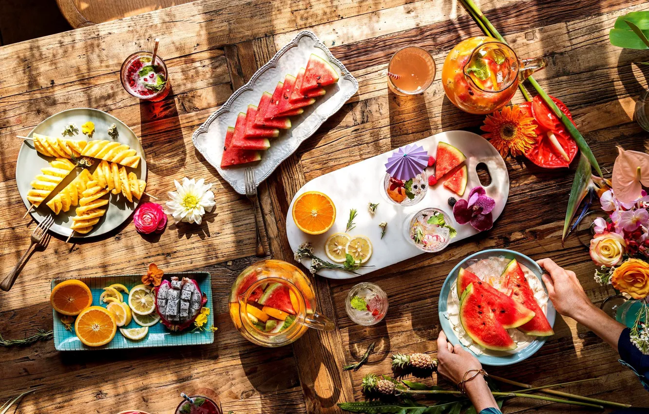 Photo wallpaper ice, flowers, table, orange, watermelon, drink, fruit, fruit dragon