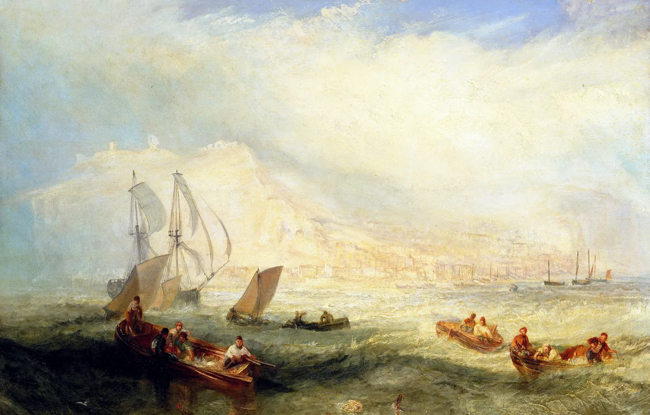 Photo wallpaper sea, wave, boat, picture, sail, seascape, William Turner, Line Fishing
