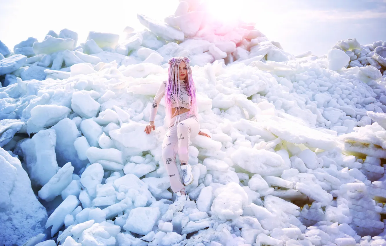Photo wallpaper ice, winter, girl, the sun, light, snow, nature, style