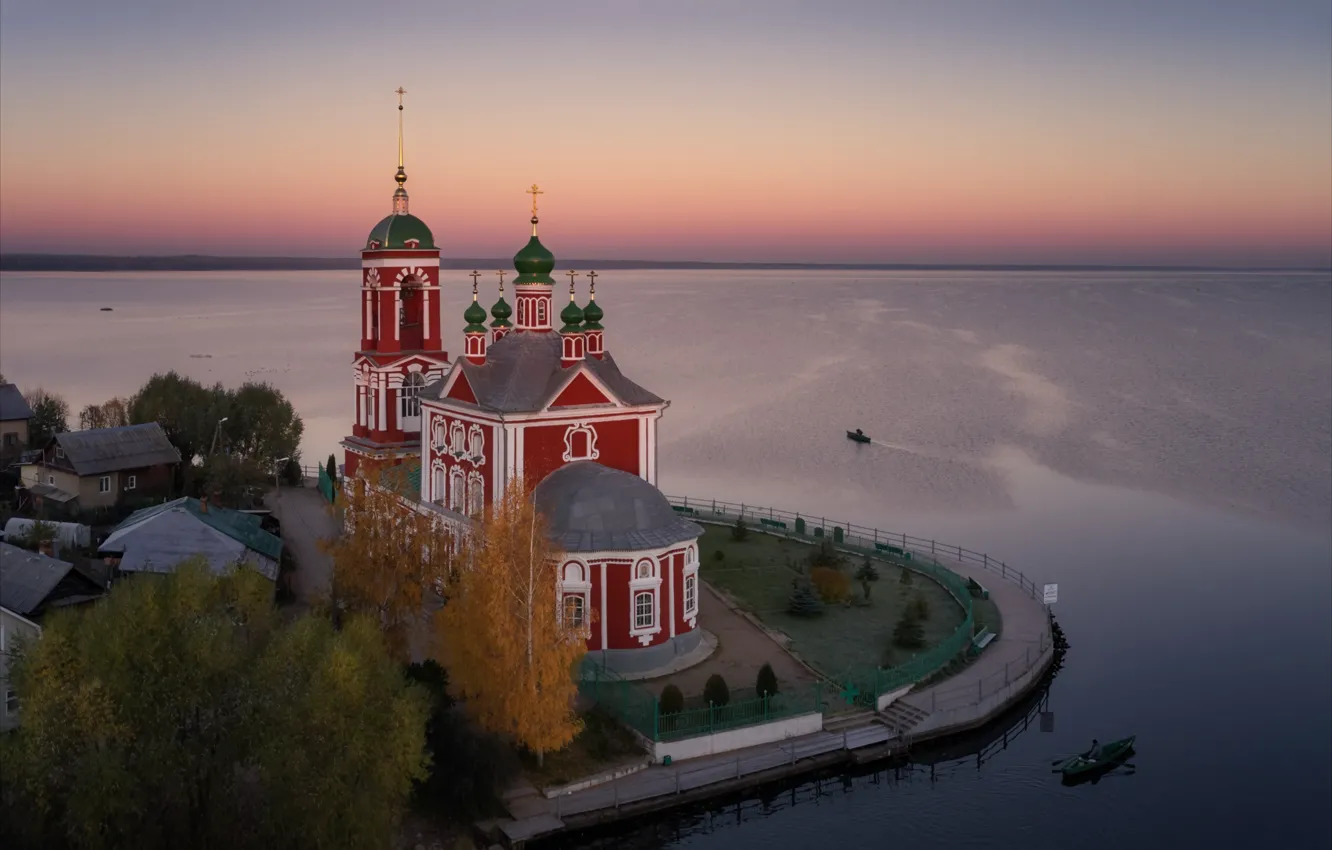Photo wallpaper landscape, nature, lake, home, boats, morning, temple, Alexey Bagaryakov