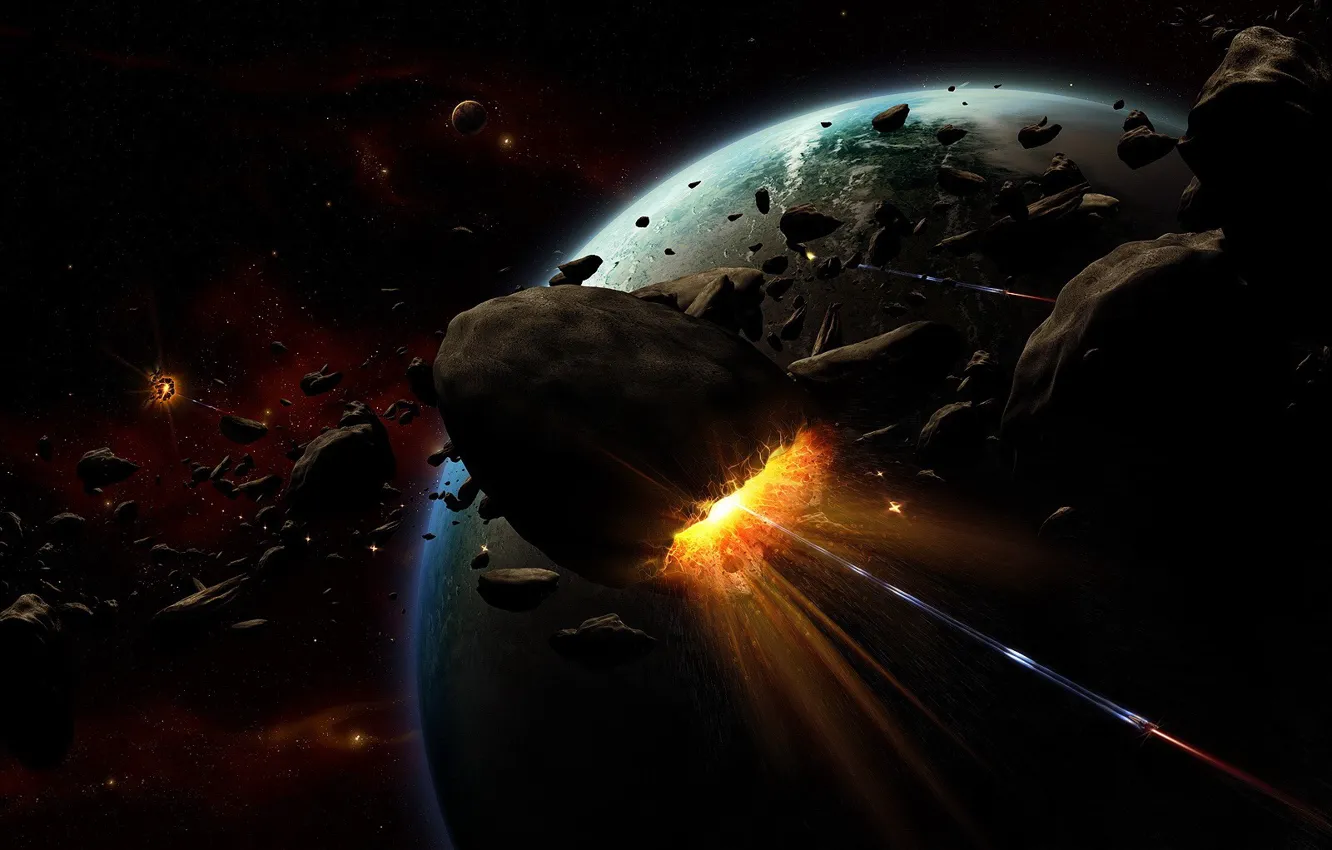 Photo wallpaper the explosion, planet, asteroids