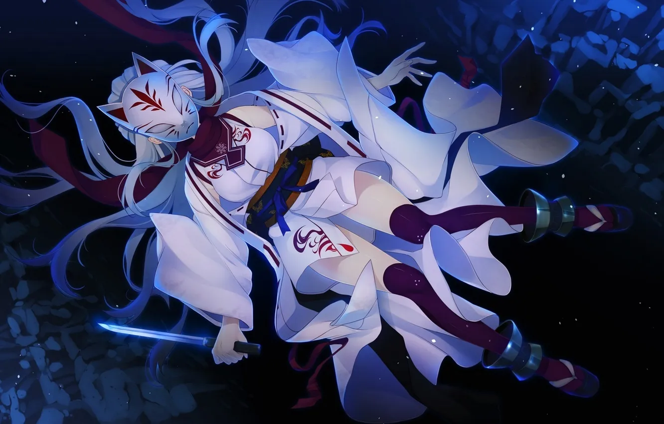 Photo wallpaper girl, flight, weapons, mask, knife, yukata, art, shoujo shiniki shoujo tengoku