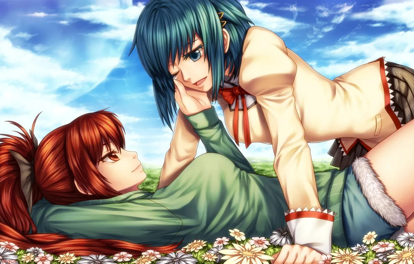 Photo wallpaper field, the sky, girl, clouds, flowers, anime, art, zerg