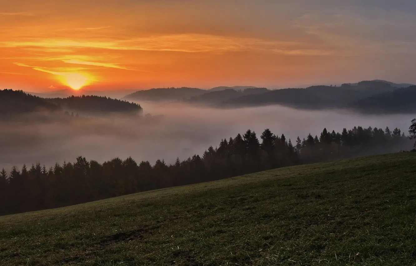 Photo wallpaper sunset, mountains, fog, panorama