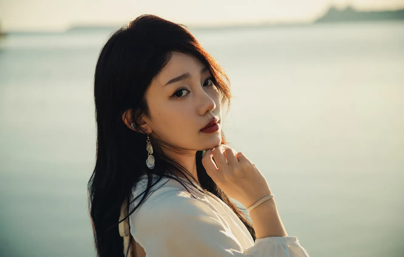 Photo wallpaper river, woman, water, beautiful, lake, model, pretty, asian