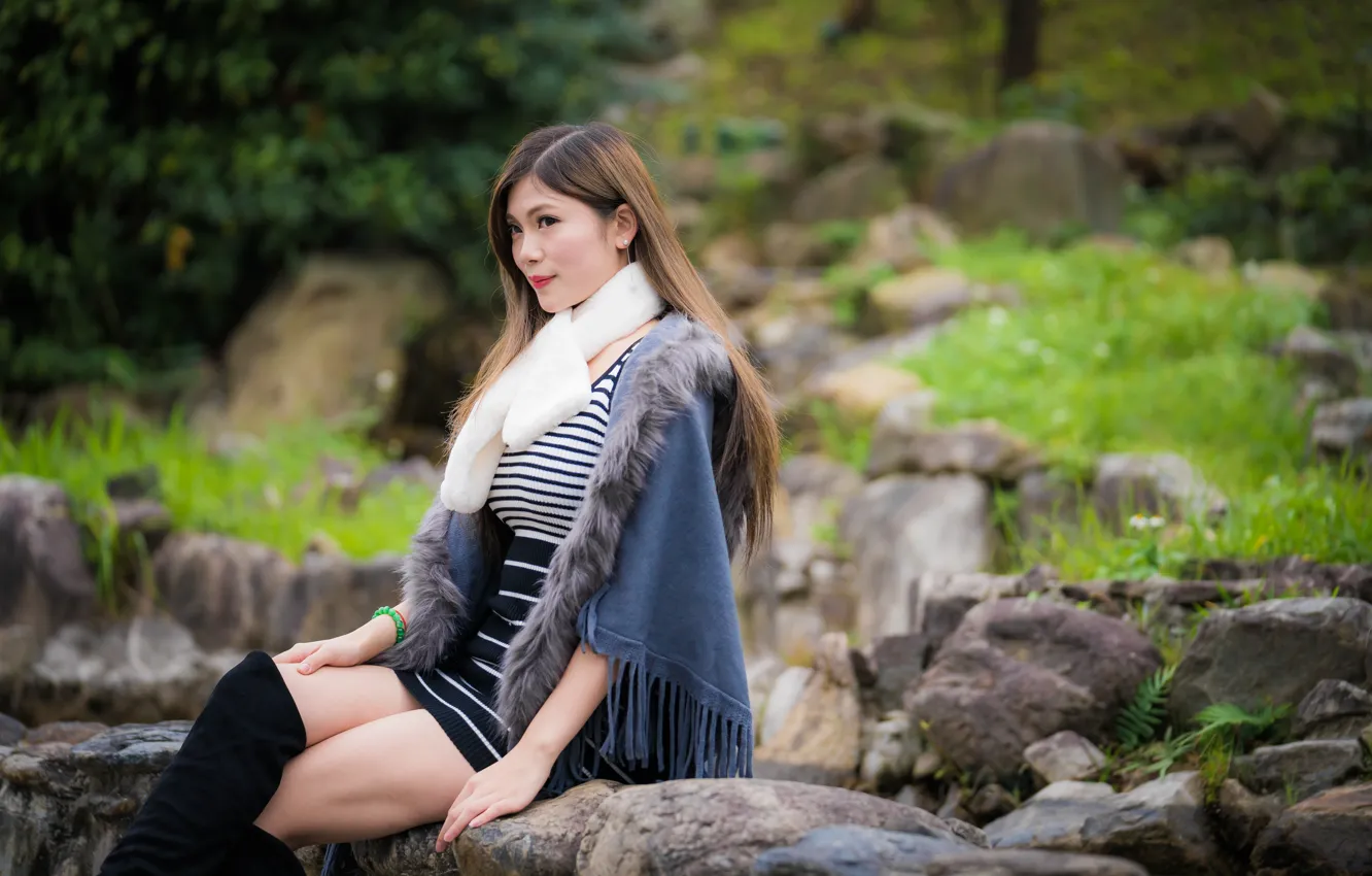 Photo wallpaper girl, Asian, sitting, bokeh