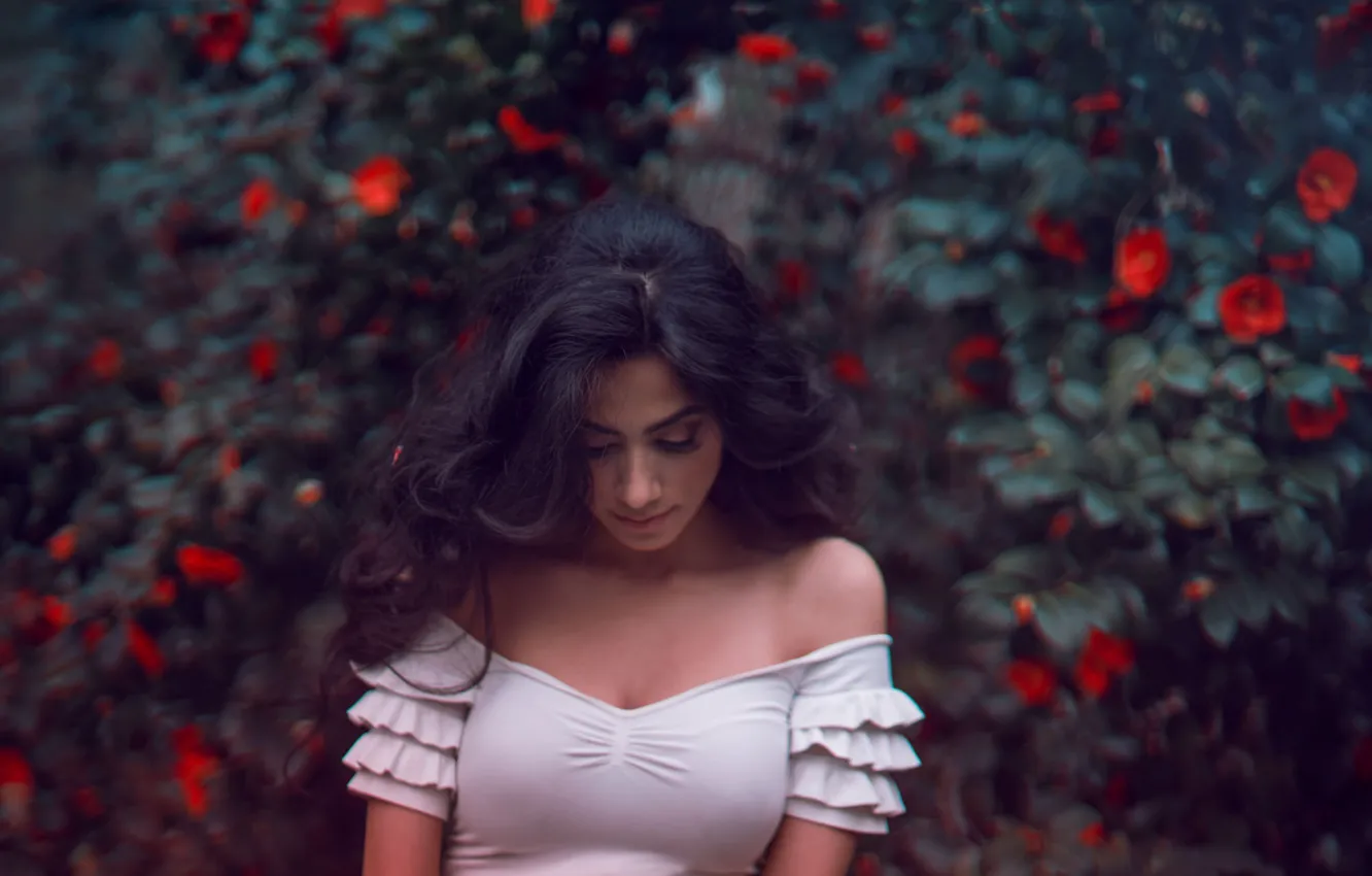 Photo wallpaper chest, leaves, girl, hair, brunette, hairstyle, flowers, shoulders