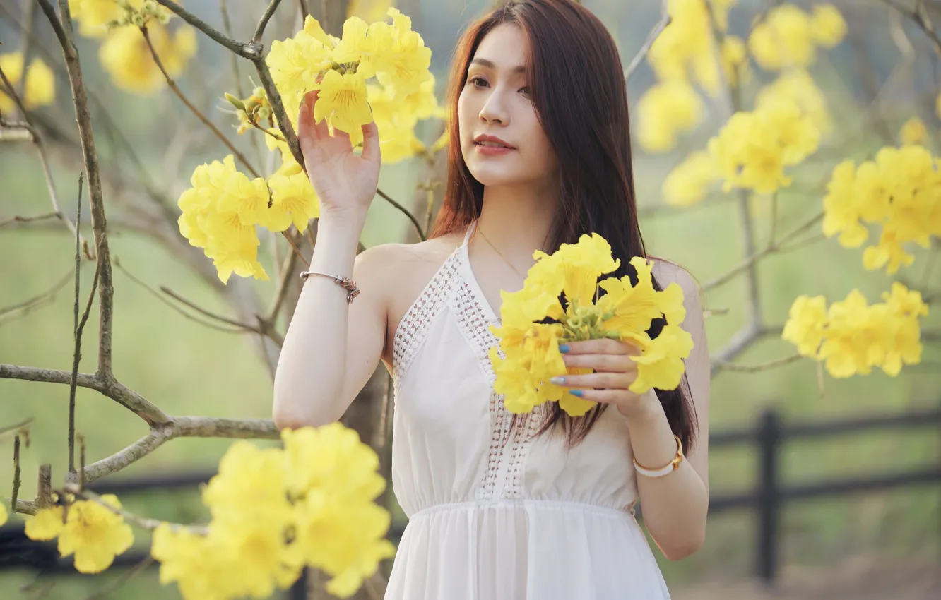 Photo wallpaper girl, model, dress, flowering