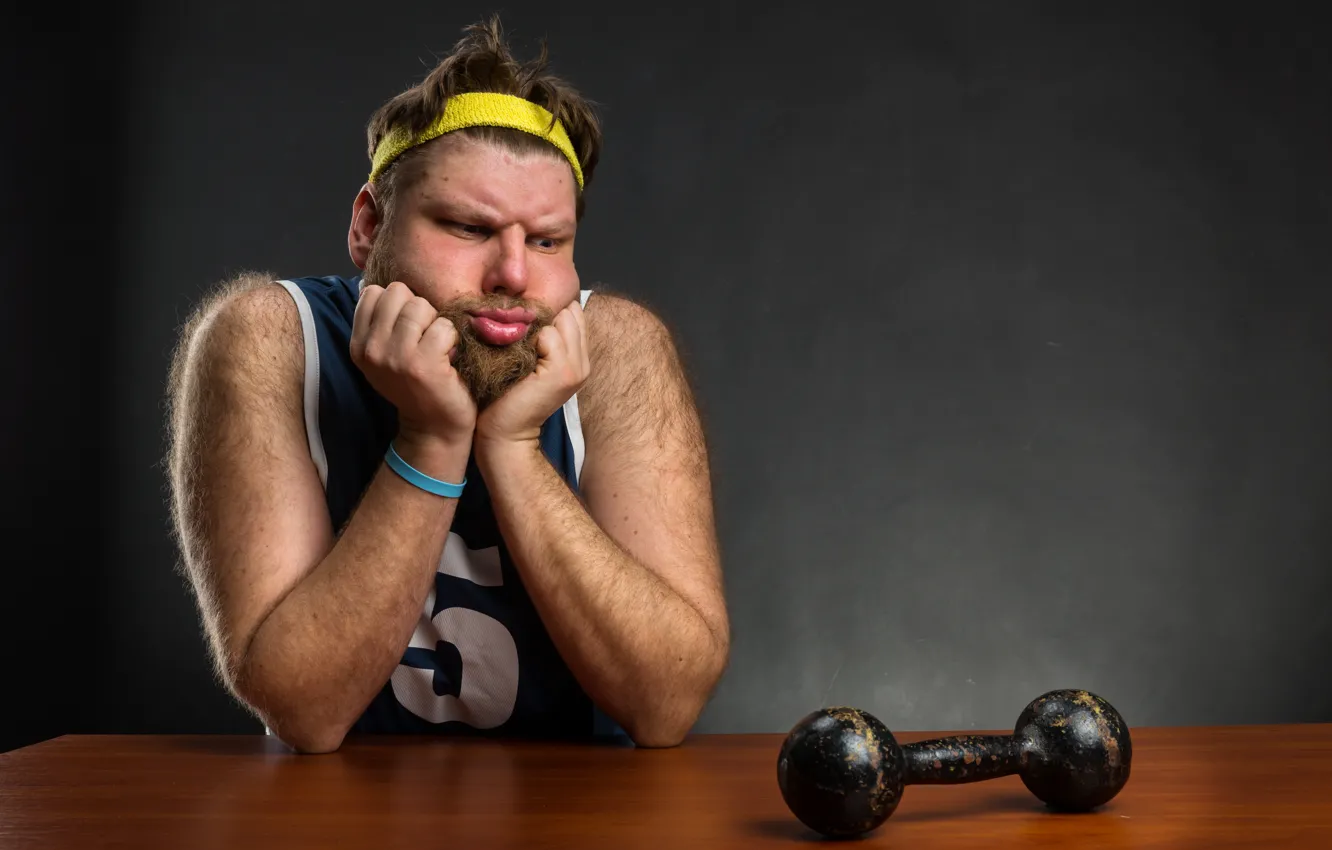 Photo wallpaper metal, hairy, thinking, fat, dumbbell