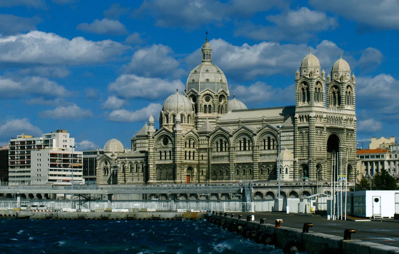Photo wallpaper Cathedral, clouds, France, Marseille, sea