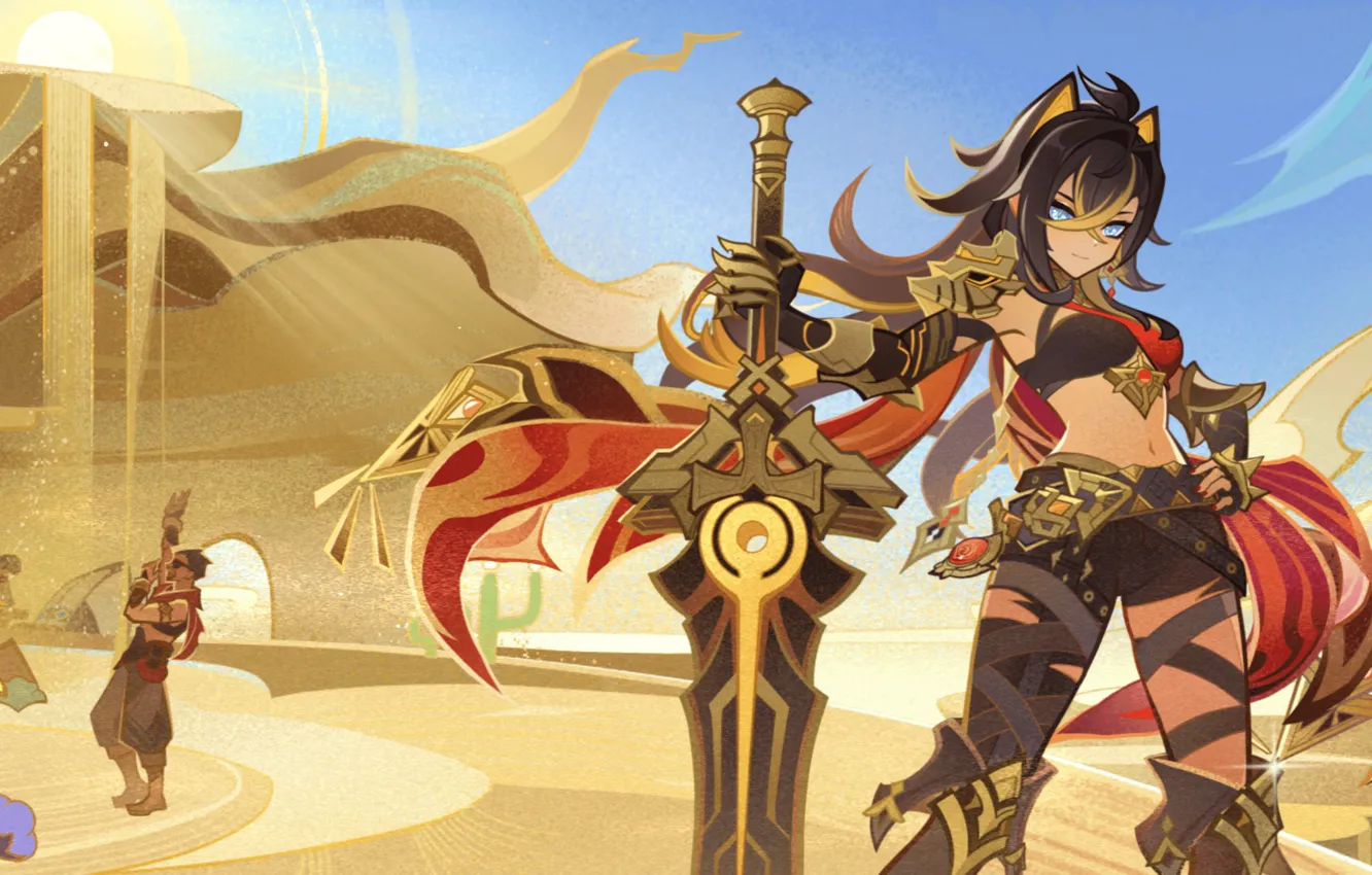 Photo wallpaper desert, blue eyes, stand, Genshin Impact, Dehya, Dehya, a big weapon, best character