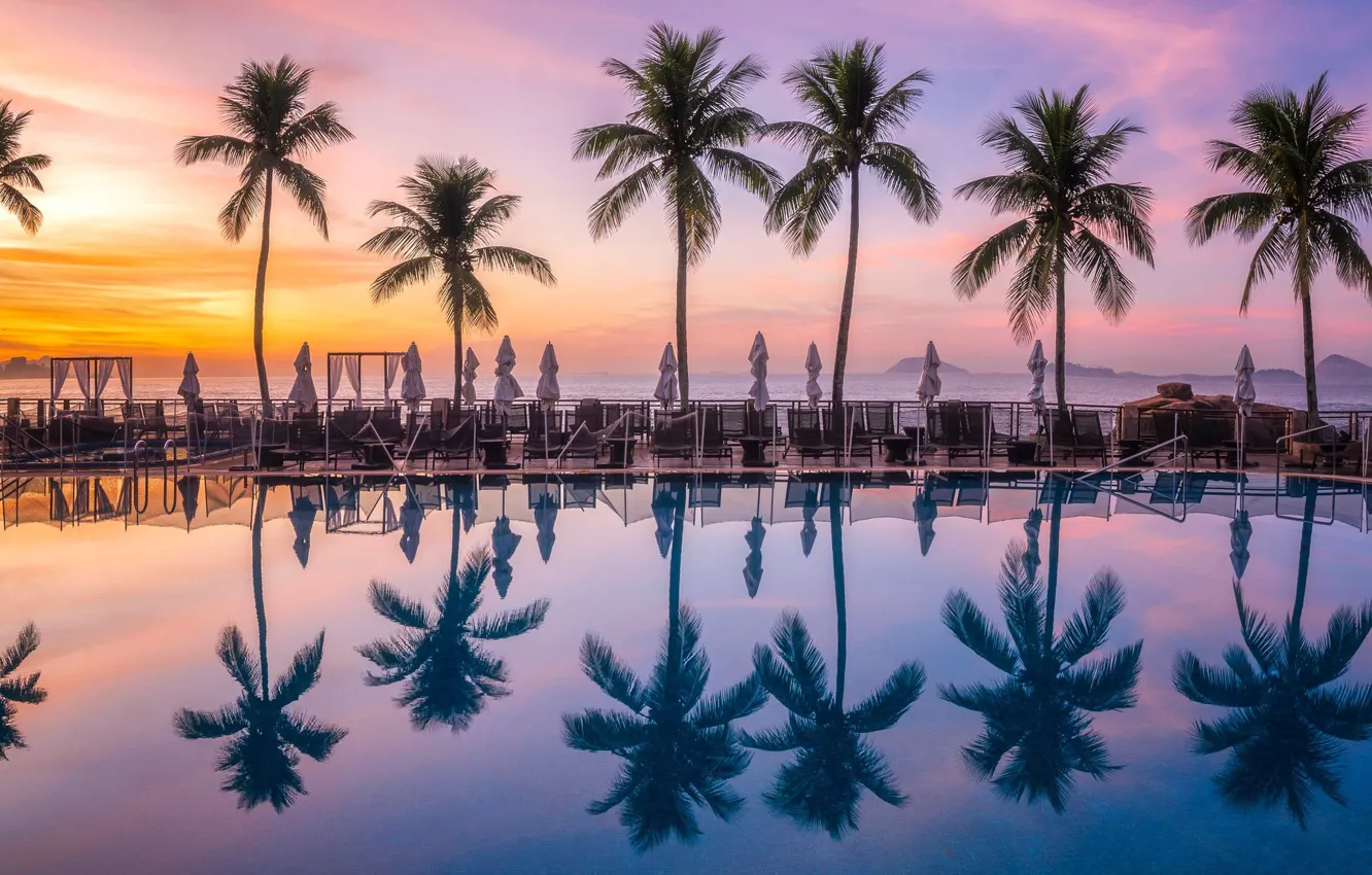 Photo wallpaper sunset, reflection, palm trees, the ocean, pool, Brazil, Rio de Janeiro, Brasil