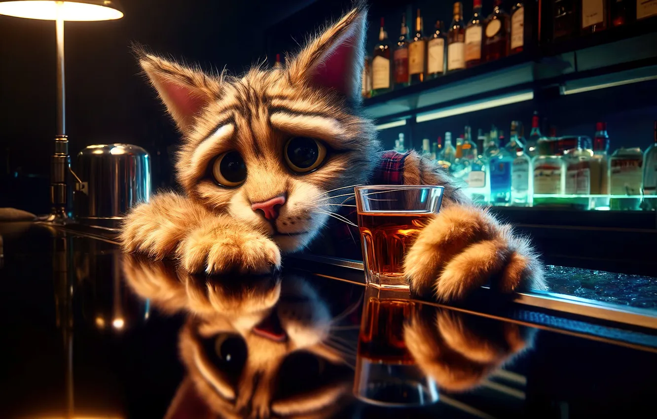 Photo wallpaper sadness, cat, cat, look, face, light, glass, reflection