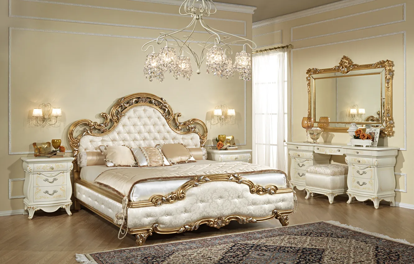 Photo wallpaper design, room, bed, interior, mirror, chandelier, bedroom