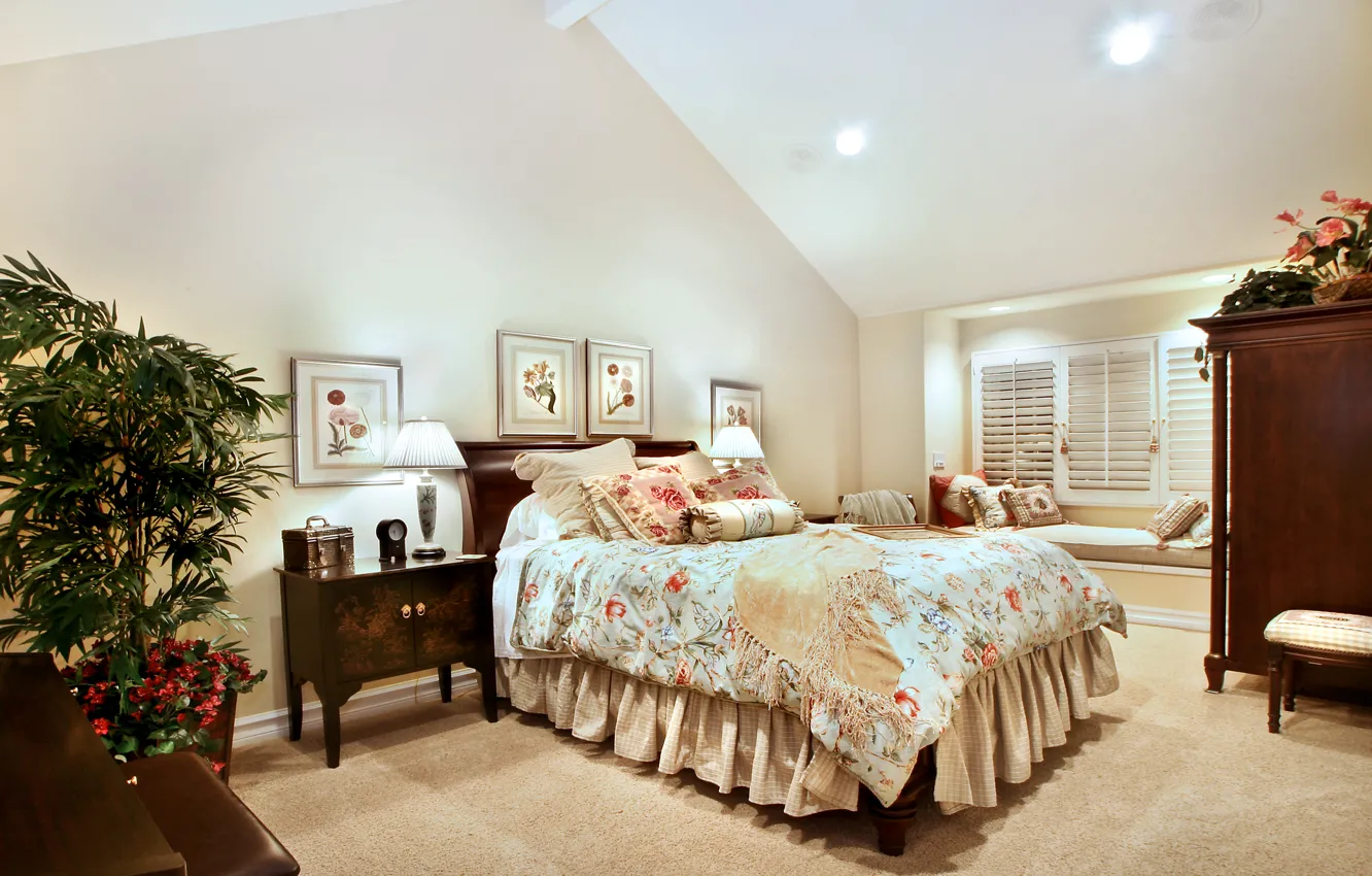 Photo wallpaper bed, interior, pillow, pictures, wardrobe, cottage, Design, bedroom