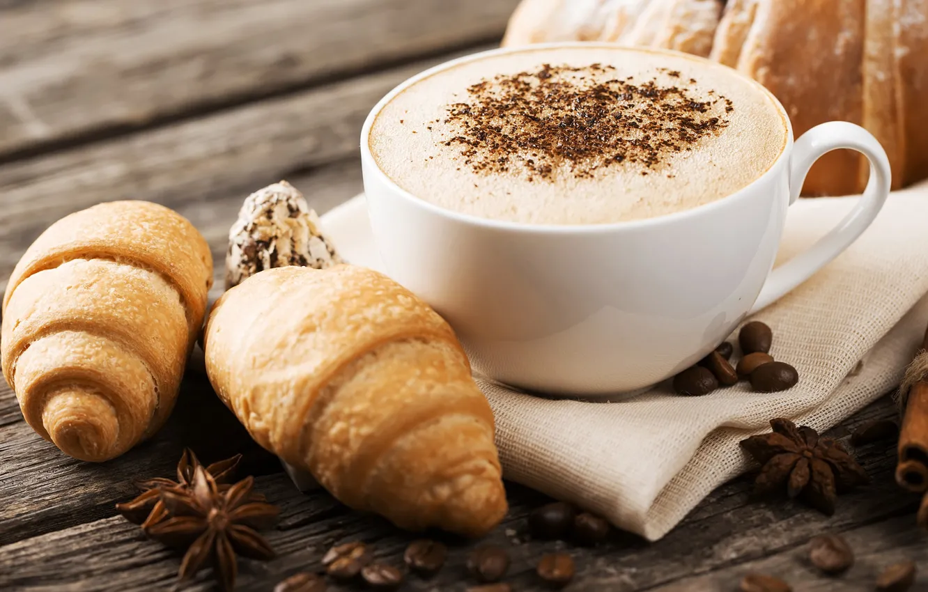 Photo wallpaper coffee, grain, croissant