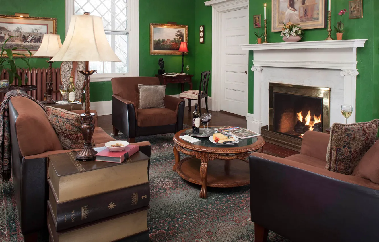 Photo wallpaper design, style, heat, interior, New York, fireplace, library, living room