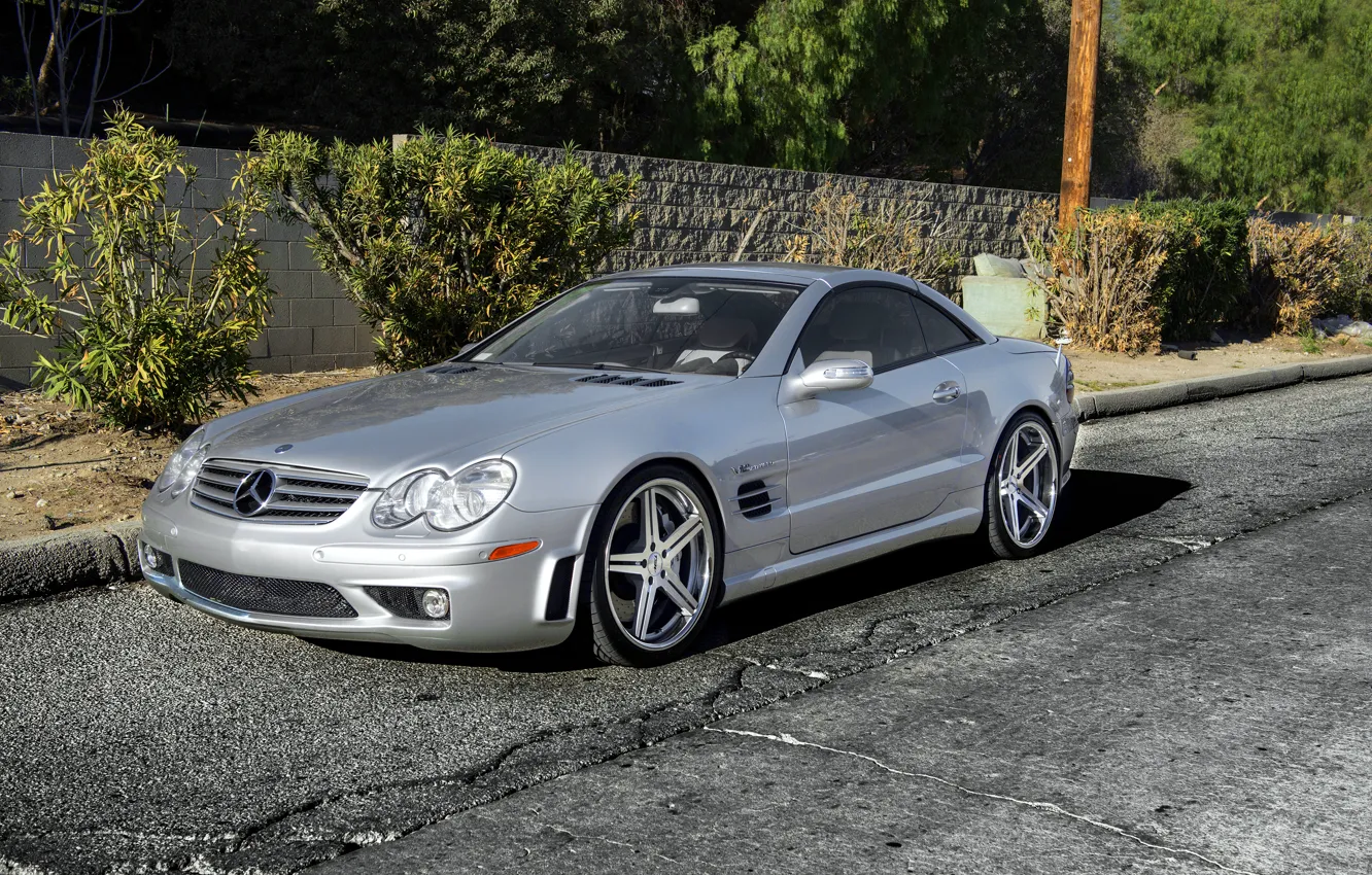 Photo wallpaper silver, silver, Mercedes, wheels, Mercedes, SL65, Benz, frontside