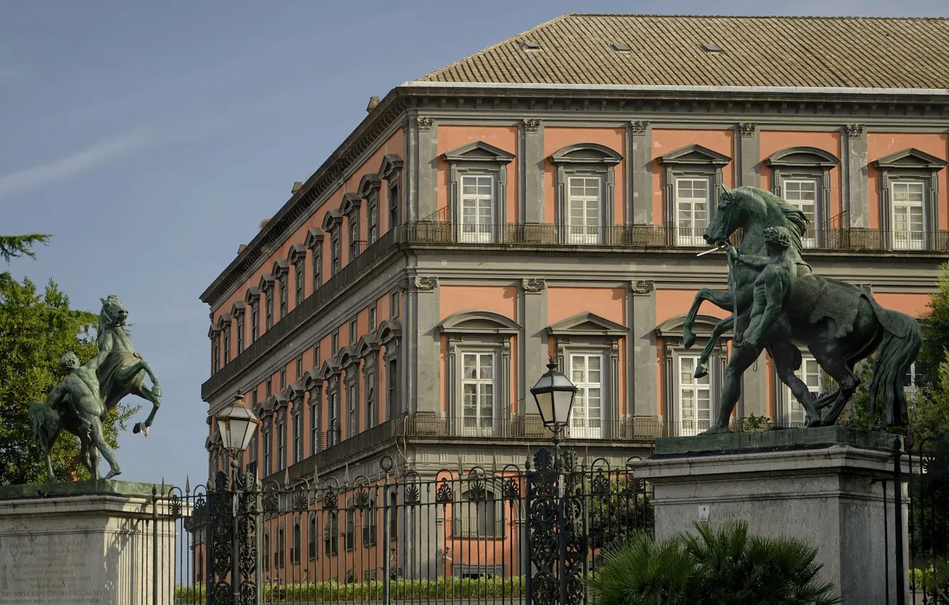 Photo wallpaper fence, gate, Italy, lantern, sculpture, Naples, Royal Palace