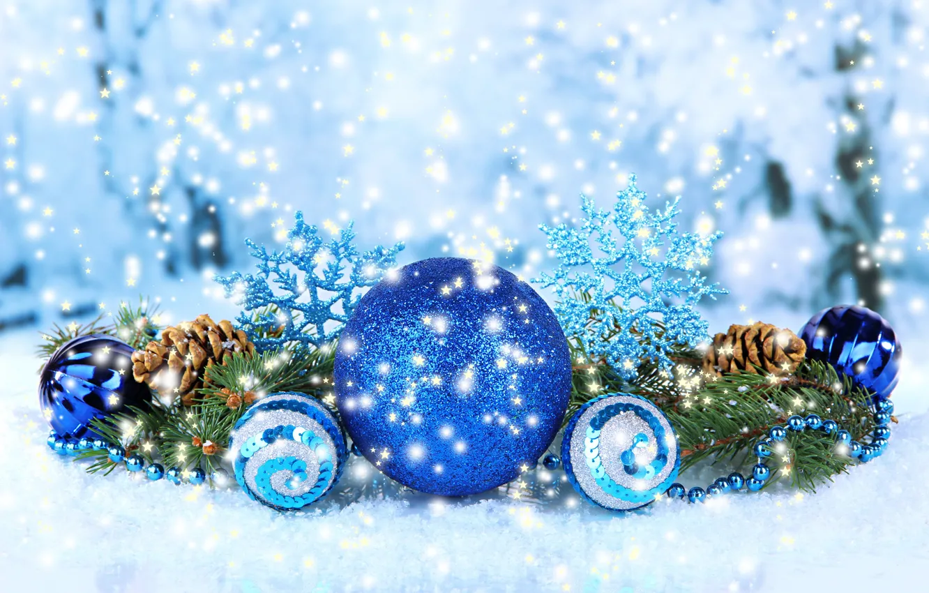 Photo wallpaper snowflakes, holiday, balls, new year, bumps, decor, fir-tree branches