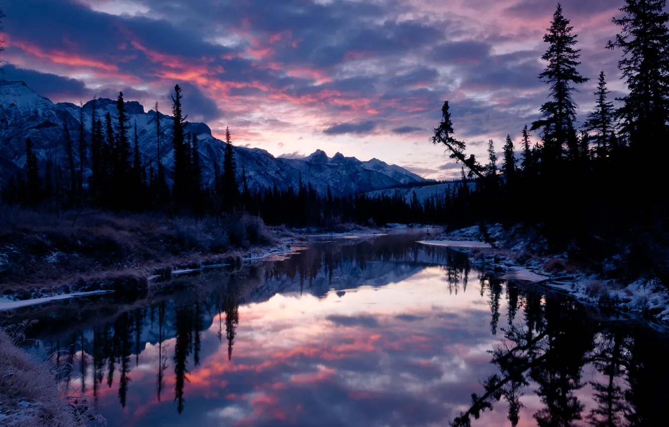 Photo wallpaper winter, the sky, clouds, snow, trees, sunset, mountains, nature