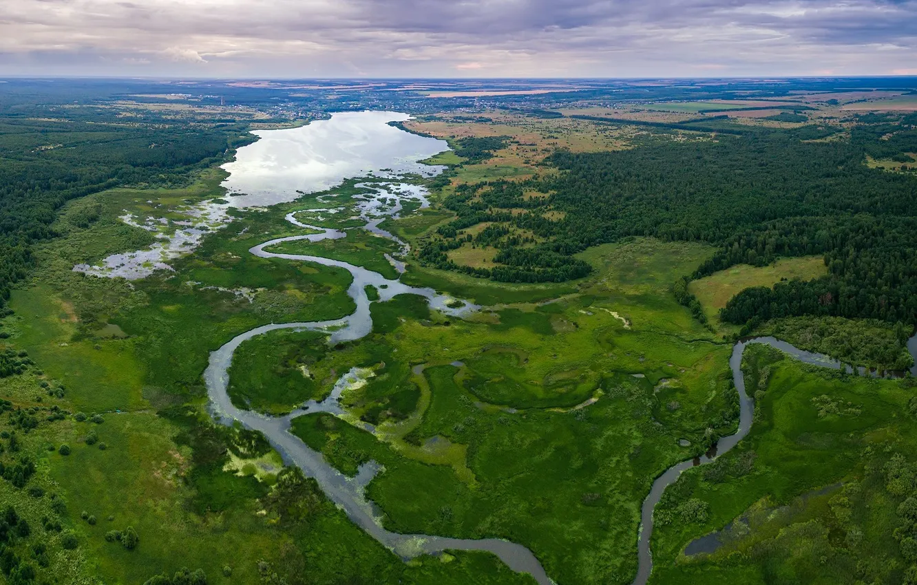 Photo wallpaper forest, the sky, clouds, trees, landscape, nature, river, valley