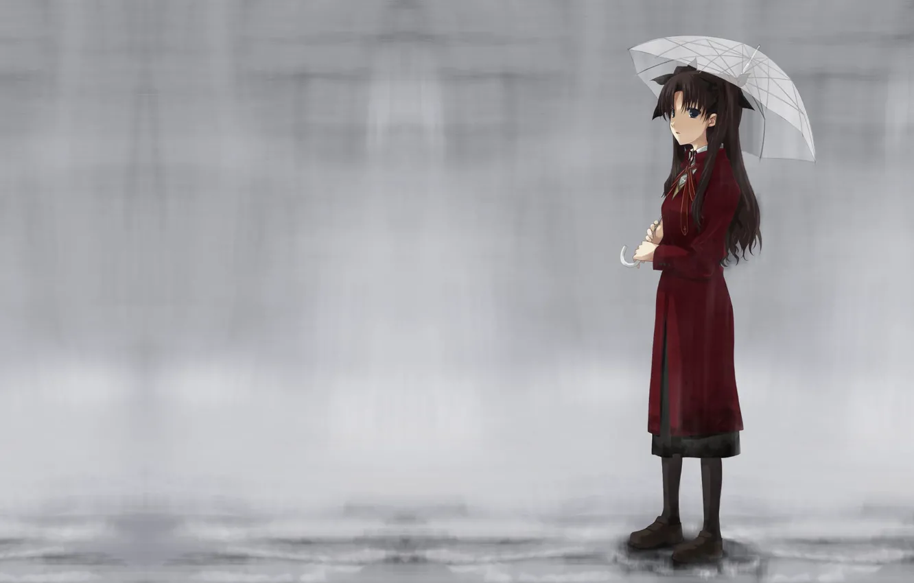Photo wallpaper rain, umbrella, Fate/stay night, rin tohsaka, Tohsaka Rin