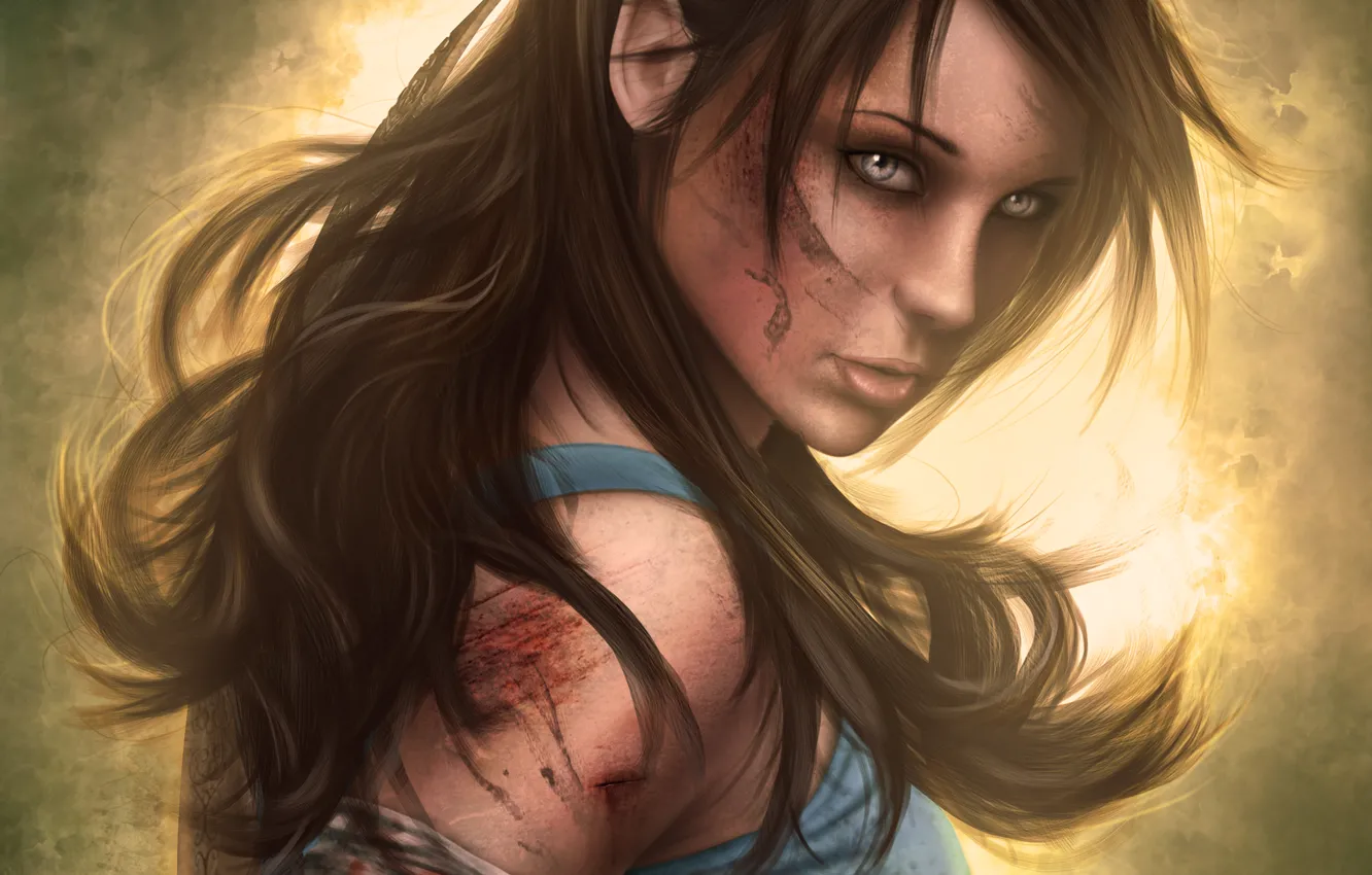Photo wallpaper look, face, blood, hair, the game, dirt, headband, Tomb Raider