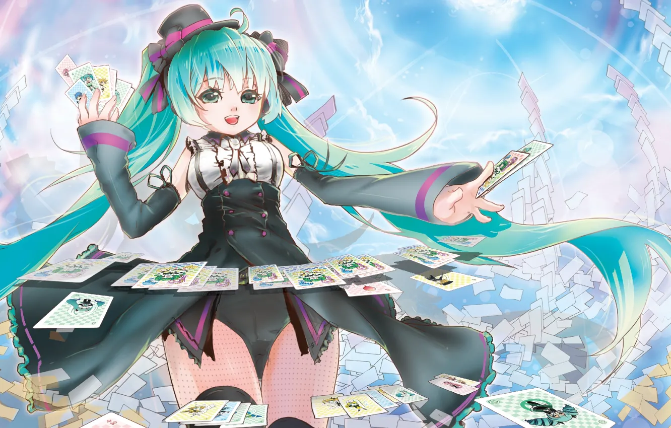 Photo wallpaper magic, focus, hat, vocaloid, hatsune miku, the rays of the sun, a lot, blue sky
