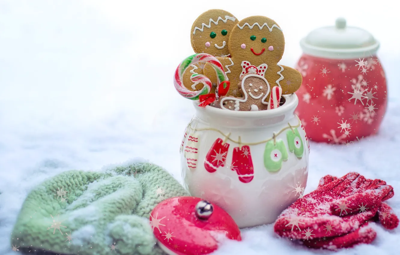 Photo wallpaper winter, snow, nature, cookies, mittens