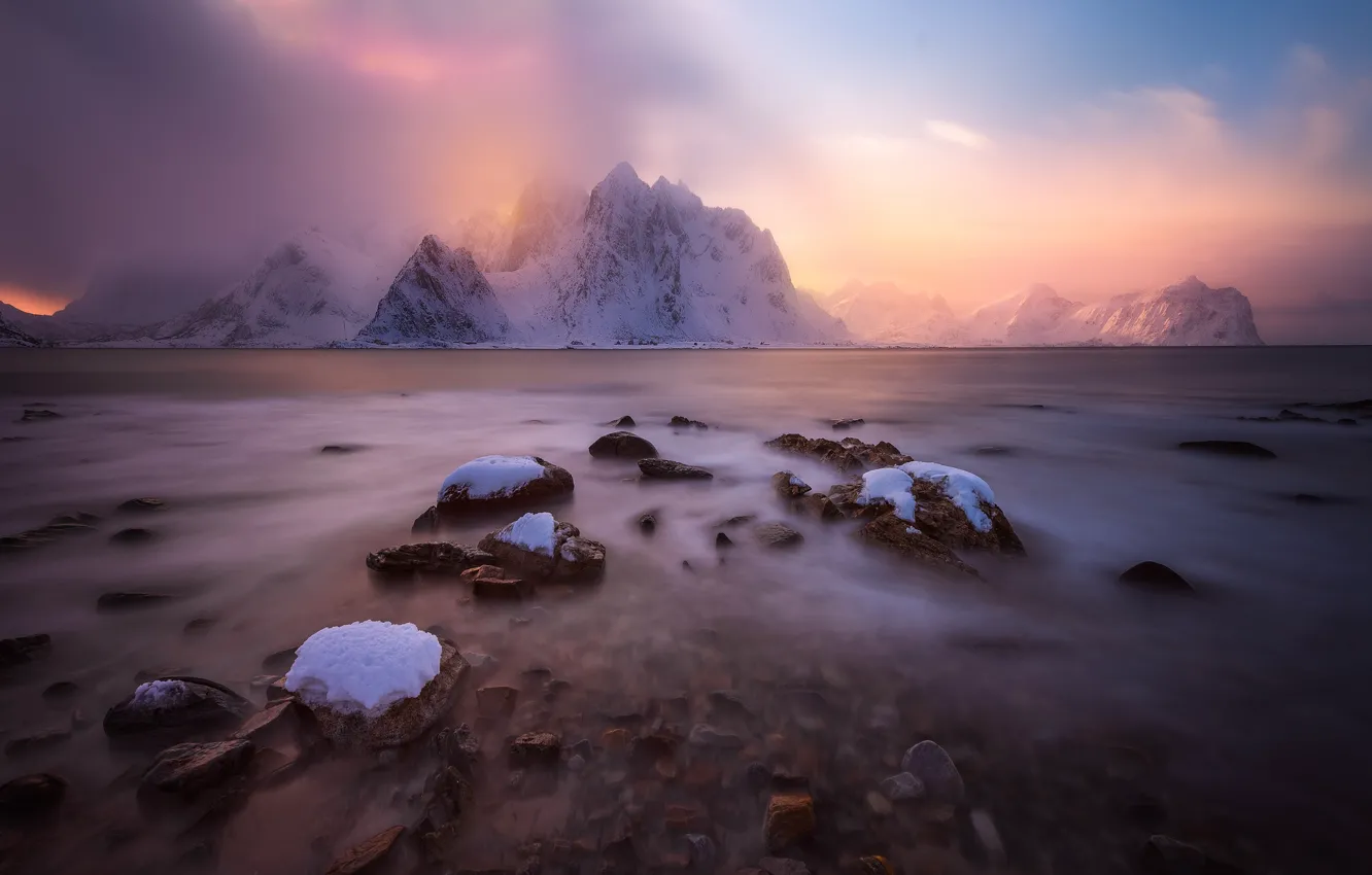 Photo wallpaper winter, light, snow, mountains, Norway, haze, the fjord