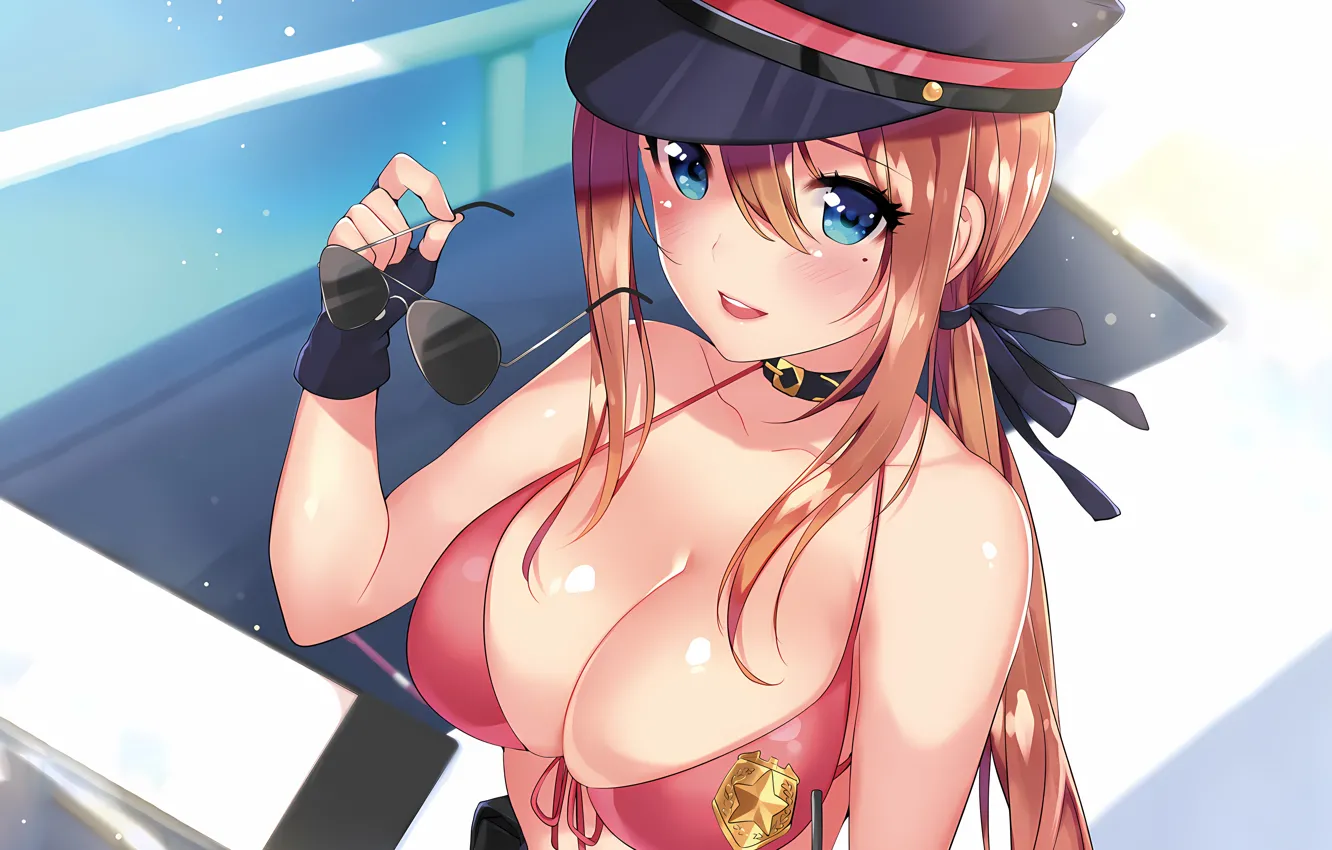 Photo wallpaper girl, sexy, cleavage, long hair, brown hair, boobs, anime, blue eyes