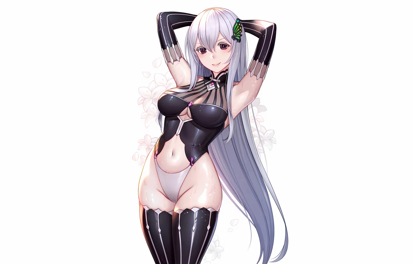 Photo wallpaper girl, sexy, wet, cleavage, thighhighs, long hair, boobs, anime