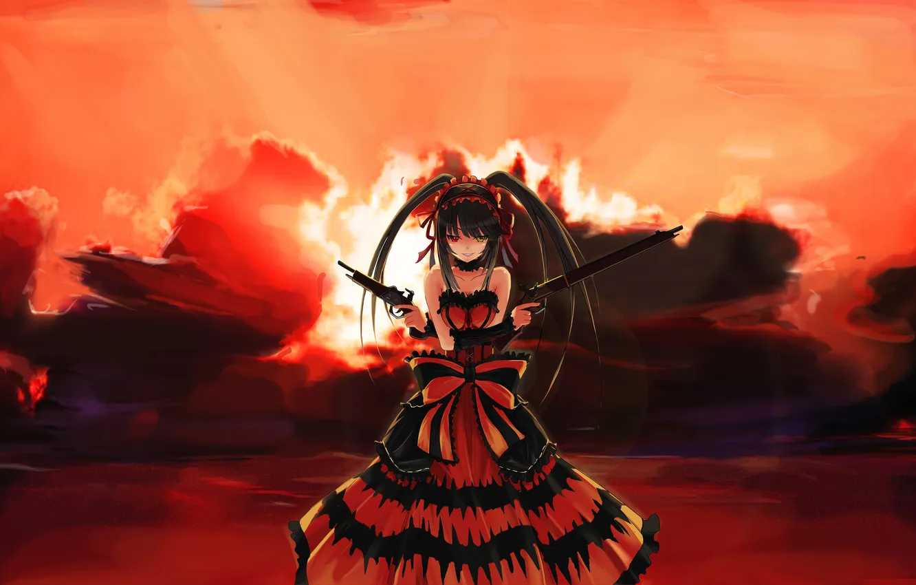 Photo wallpaper look, girl, sunset, smile, weapons, art, tokisaki kurumi, Date A Live