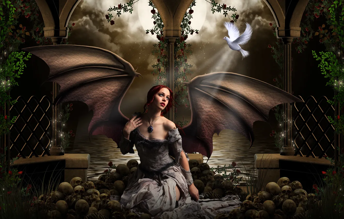 Photo wallpaper look, girl, light, fiction, skull, wings, makeup, dress