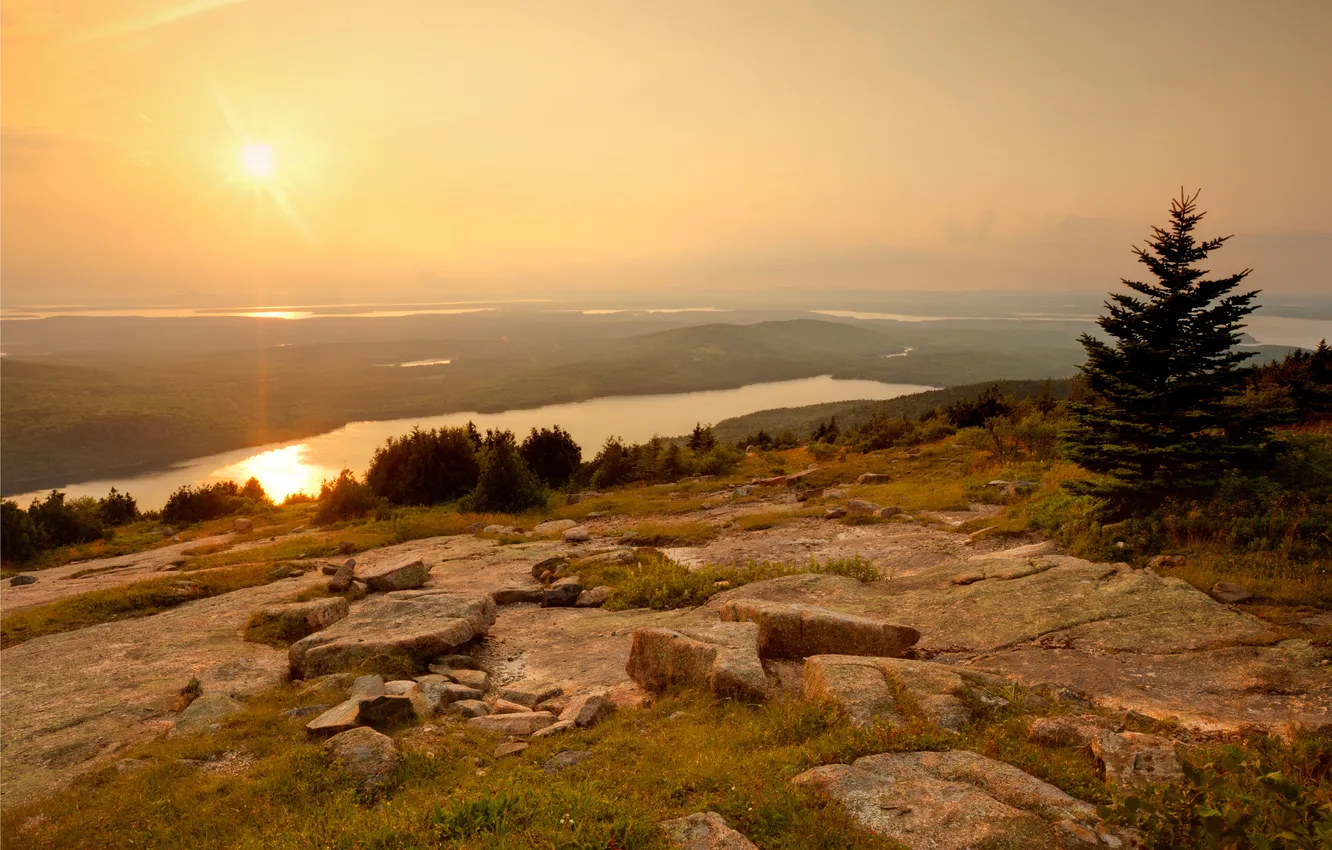 Photo wallpaper the sky, the sun, trees, sunset, mountains, nature, river, stones