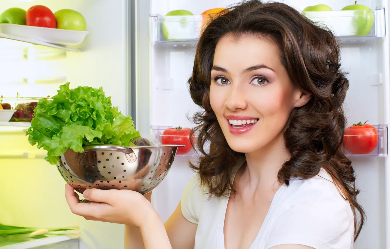 Photo wallpaper girl, smile, apples, refrigerator, brown hair, fruit, tomatoes, cherry