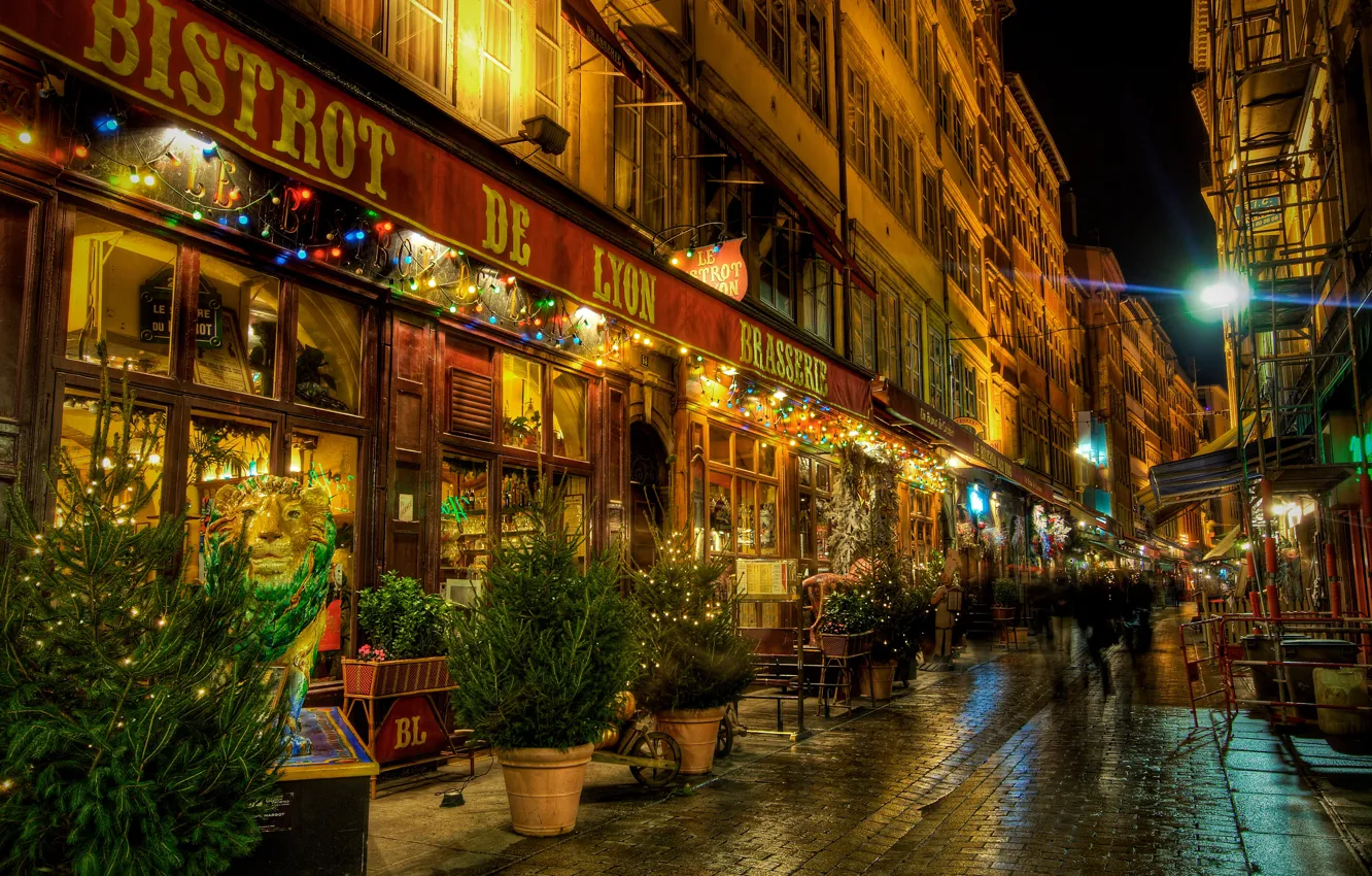 Photo wallpaper night, the city, street, France, Europe, restaurant, Lyon, bistro