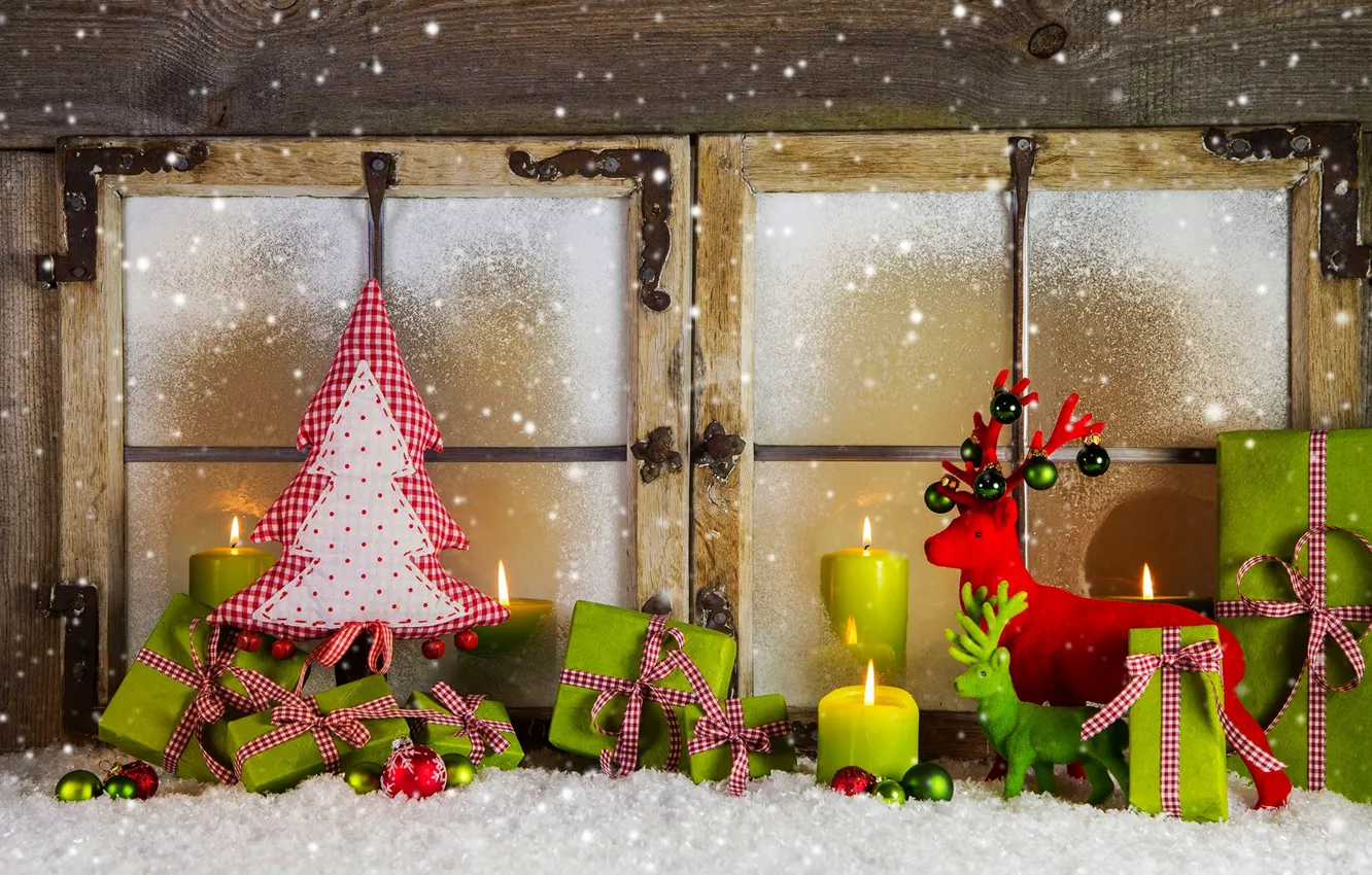 Photo wallpaper winter, snow, decoration, holiday, balls, tree, candles, window