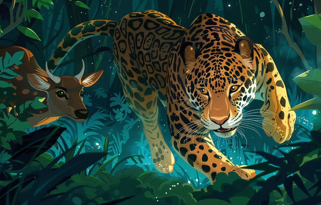 Photo wallpaper leaves, predator, deer, jungle, art, Jaguar, hunting, big cat