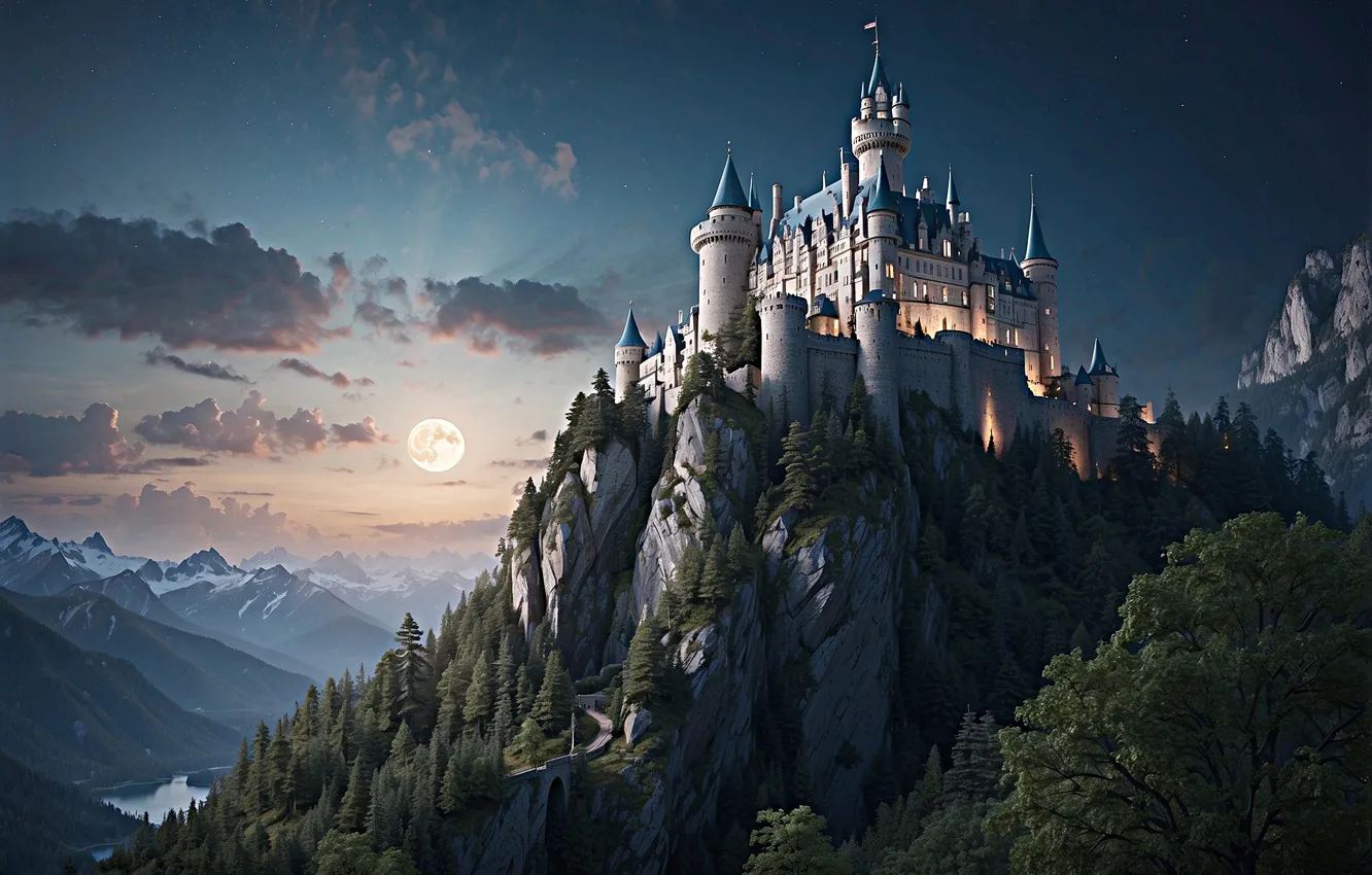 Photo wallpaper forest, the sky, clouds, trees, mountains, stones, castle, rocks