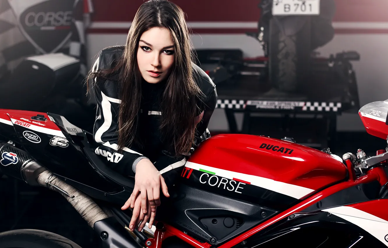 Photo wallpaper Girl, Red, Ducati, Beauty, Face, Lips, Hair, Motocycle