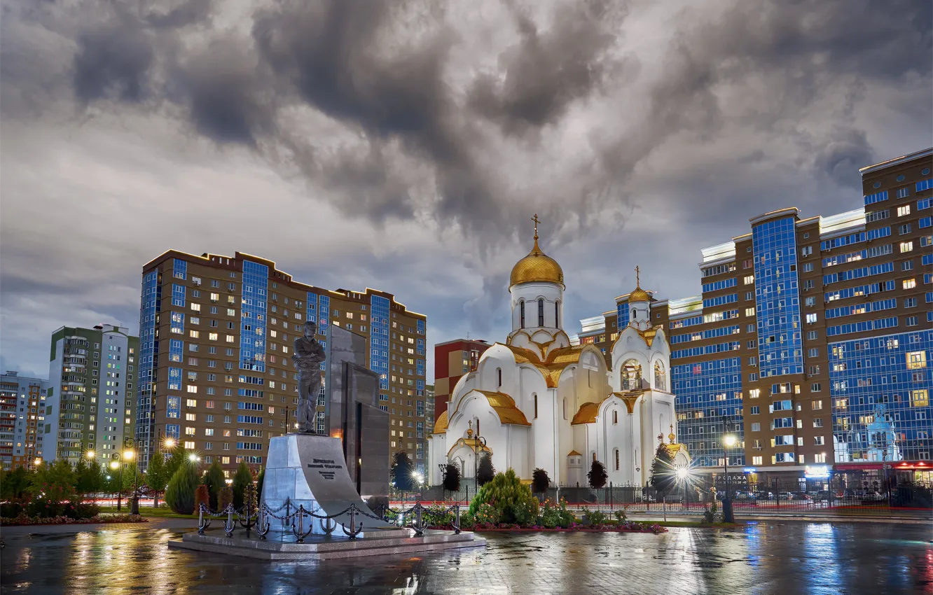 Photo wallpaper the city, Avenue, home, the evening, lighting, area, monument, temple