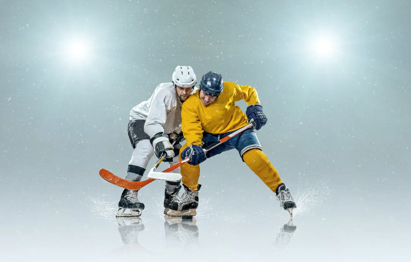 Photo wallpaper snow, snowflakes, background, sport, the game, ice, gloves, hockey