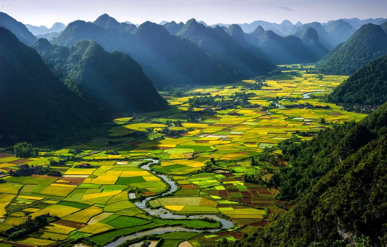 Photo wallpaper the sky, mountains, field, valley, haze